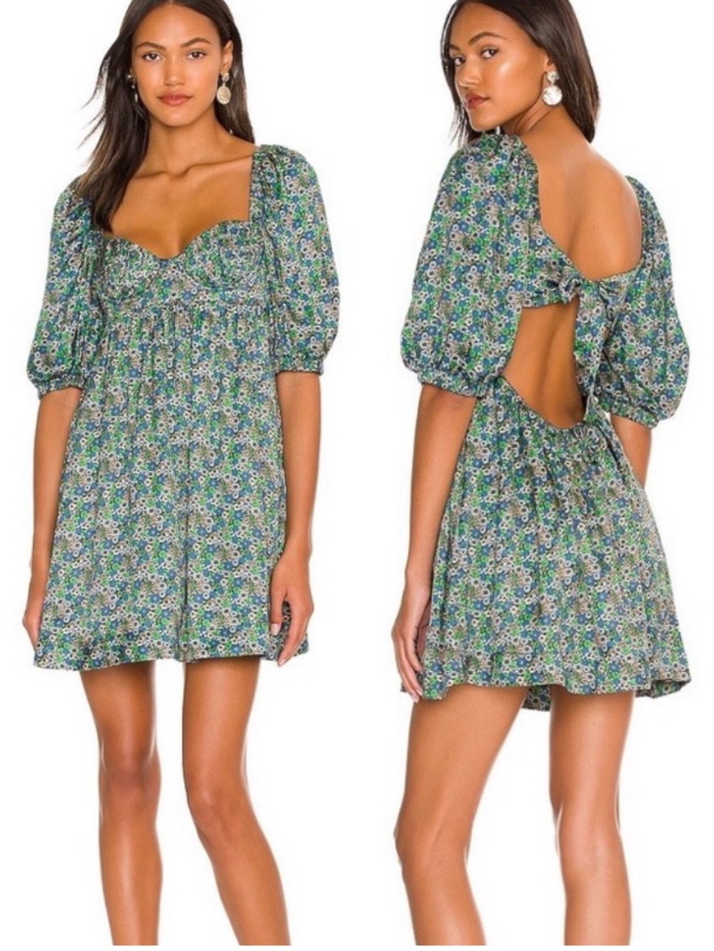 🌿For Love & Lemons Alisa Floral Milkmaid Mini Dress Blue Green Size S